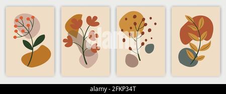 Set of art Cover colorati dei social media astratti, fiori, foglie autunnali e piante. Illustrazione Vettoriale