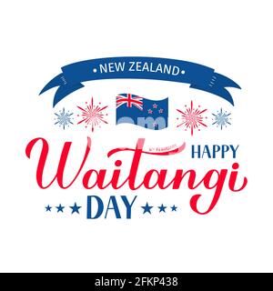 Banner Happy Waitangi Day con moderna calligrafia scritta a mano, bandiera della Nuova Zelanda e fuochi d'artificio. Modello vettoriale facile da modificare per il biglietto di auguri, t Illustrazione Vettoriale