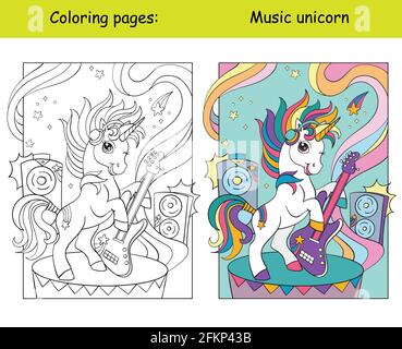 Simpatico e fresco unicorno con chitarra. Pagina del libro da colorare per i bambini con modello colorato. Illustrazione isolata di cartoni animati vettoriali. Per libro da colorare, ed Illustrazione Vettoriale