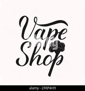 Vape Shop calligrafia scritta a mano. Scrittura shabby su sfondo testurizzato. Logo minimalista per punto vendita o bar. Illustrazione vettoriale. Facile da edi Illustrazione Vettoriale