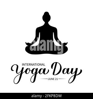 Calligrafia internazionale del giorno dello Yoga scritta a mano isolata su bianco. Modello vettoriale facile da modificare per logo, banner, poster tipografico, volantino, s Illustrazione Vettoriale