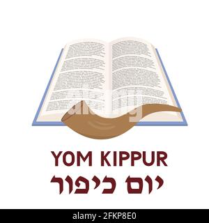 Yom Kippur giorno di espiazione poster di tipografia delle vacanze ebraiche con libro, shofar e lettere. Modello vettoriale facile da modificare per, biglietto di auguri, banner, Illustrazione Vettoriale
