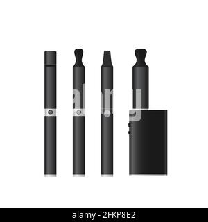 Sigarette elettroniche o Vape Pen e mod vector set. Dispositivi di vaporizzazione realistici. Sigarette elettroniche isolate su bianco. Ritiro del tabacco e rinuncia al fumo Illustrazione Vettoriale