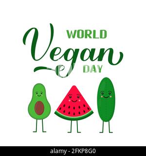 Calligrafia World Vegan Day scritta a mano con carine verdure cartoon - avocado, anguria e cetriolo. Modello vettoriale per poster tipografico, log Illustrazione Vettoriale