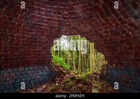 Forni a coke abbandonati ma ben conservati in NE Derbyshire. Foto interna che mostra i mattoni a fuoco smaltati, i fori di carica e scarico. Foto Stock