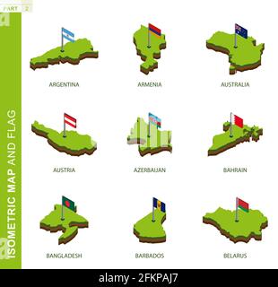 Set di 9 mappe isometriche e bandiere, forma isometrica vettoriale 3D di Argentina, Armenia, Australia, Austria, Azerbaigian, Bahrain, Bangladesh, Barbados, Belar Illustrazione Vettoriale