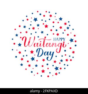 Happy Waitangi giorno calligrafia mano scritta isolato su bianco. Biglietto d'auguri per le festività neozelandesi. Modello vettoriale facile da modificare per poster tipografici Illustrazione Vettoriale