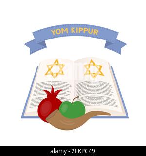 Yom Kippur giorno di espiazione poster di tipografia delle vacanze ebraiche con libro, shofar, pomergranate e lettere. Modello vettoriale facile da modificare per, messaggio di saluto Illustrazione Vettoriale