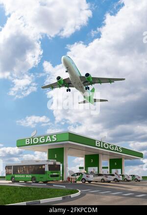 Aereo vola sopra la stazione di biogas. Concetto di trasporto neutro dal carbonio Foto Stock