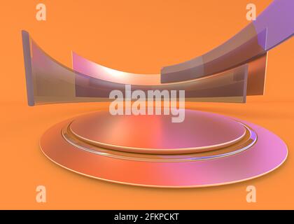 Composizione astratta con podio. Monolocale minimo. Futuristico sfondo arancione interno. Rendering 3D Foto Stock