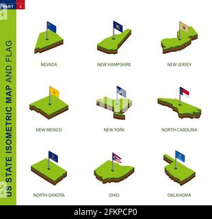 Set di 9 mappe isometriche dello stato USA e bandiere, forma isometrica vettoriale 3D di Nevada, New Hampshire, New Jersey, New Mexico, New York, Carolina del Nord, Nort Illustrazione Vettoriale