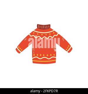 Pullover rosso natalizio, abiti natalizi, illustrazione vettoriale su sfondo bianco. Illustrazione Vettoriale
