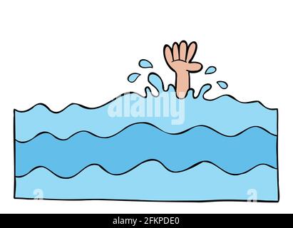 Cartoon vettore illustrazione dell'uomo e la sua mano annegando in mare. Illustrazione Vettoriale