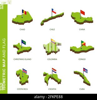 Set di 9 mappe isometriche e bandiere, forma isometrica vettoriale 3D di Ciad, Cile, Cina, Isola di Natale, Colombia, Congo, Costa Rica, Croazia, Cuba Illustrazione Vettoriale