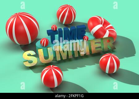 Banner 3d con testo 3d Meteo estivo e palline colorate rosse galleggianti, sfondo estivo per carte, striscioni, striscioni. Foto Stock
