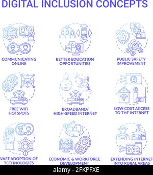 Set di icone concettuali blu scuro per l'inclusione digitale Illustrazione Vettoriale