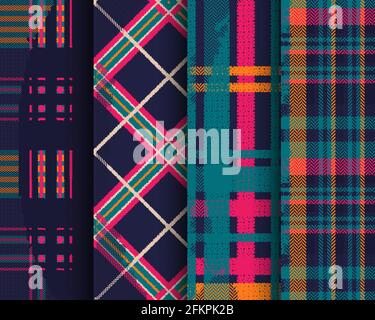 Set di motivi senza cuciture in tartan. Plaid scozzese a scacchi. Stampa a righe in stile scozzese Illustrazione Vettoriale