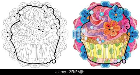 Torta vettoriale con ornamenti astratti con mandala per colorazione. Illustrazione disegnata a mano per t-shirt in stile zentangle, doodle. Illustrazione Vettoriale