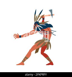 Il guerriero indiano americano corse ad attaccare la sua preda. Costume selvaggio insolito, gioielli, trucco e tomahawk in mano. Cartoon, illustrazione vettoriale piatta Illustrazione Vettoriale
