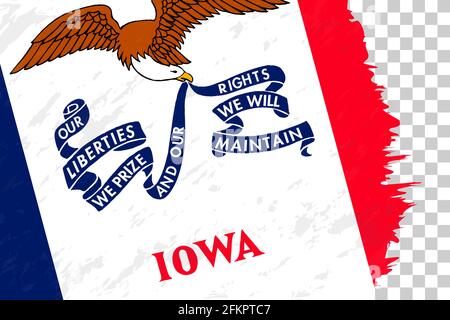 Bandiera spazzolata astratta orizzontale di grunge dell'Iowa su griglia trasparente. Modello vettore. Illustrazione Vettoriale