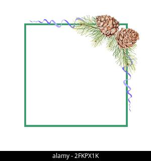 Cornice quadrata con coni di pino, rami di pino e nastri. Pittura acquerello. Disegno a mano. Foto Stock