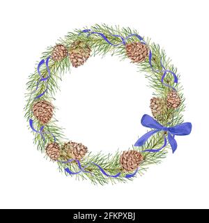 Corona di Natale con coni di pino, rami di pino e nastri, arco. Pittura acquerello. Foto Stock