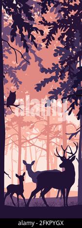 Banner verticale del paesaggio forestale. Cervi con caprioli e fawn in foresta magica nebby. Scoiattolo sul ramo. Sagome di alberi e animali. Rosa, arancione, Illustrazione Vettoriale