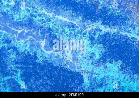 Disegno delle onde del mare, arte moderna fluida, sfondo dipinto di blu, texture di vernice turchese. Effetto marmo liquido, inchiostro indaco. Carta da parati estiva. Tre Foto Stock