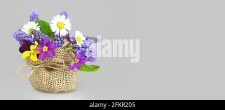 Scheda madre giorno con fiori primavera su sfondo grigio con spazio di copia Foto Stock