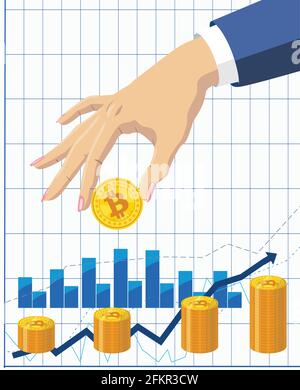 Concetto di crescita delle monete di bit. Bitrino d'oro in mano. Vettore Illustrazione Vettoriale