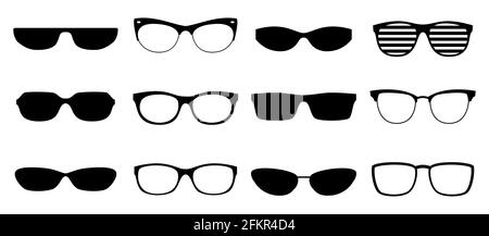 Silhouette per occhiali. Occhiali da sole eleganti, diversi modelli di occhiali da vista, set di icone vettoriali Illustrazione Vettoriale