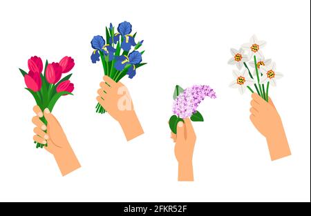 Mani che tengono mazzi. Fiori di primavera, bouquet isolato di fiori vettoriali Illustrazione Vettoriale