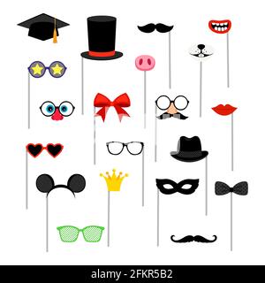Accessori per cabine fotografiche. Elementi decorativi su bastoni. Baffi e labbra, occhiali e archi, cappelli e maschere. Set vettoriale festivo Illustrazione Vettoriale