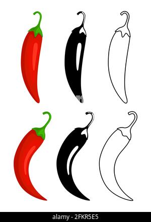 Icone di peperoni. Peperoncino rosso caldo, nero e profilo. Segni vettoriali di cucina messicana o asiatica Illustrazione Vettoriale