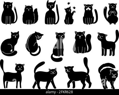 Silhouette gatti su bianco. Eleganti icone di gatto, divertente cartoon curiosità nero animale raccolta illustrazione vettoriale isolato su sfondo bianco Illustrazione Vettoriale