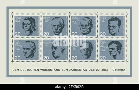 1944-1964 attentato eroico di Adolf Hitler francobolli commemorativi "ventesimo anniversario dell'attentato ad Adolf Hitler dal 20 luglio 1944" diversi tedeschi hanno presentato resistenza coraggiosamente al terzo Reich nazista e hanno avuto un ruolo nell'attentato alla vita di Adolf Hitlers e sono stati giustiziati. Foto Stock