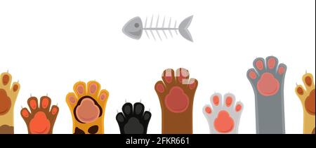 Zampe Cat. Carino piedi di cartone animato gatti e scheletro di pesce. Modello senza giunture del vettore del piede animale isolato Illustrazione Vettoriale