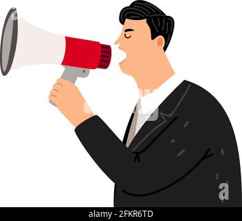 Urlando l'uomo. Boss con corno. Manager o team leader con megafono. Illustrazione del vettore a yell maschio isolato Illustrazione Vettoriale