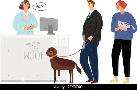 Ospedale veterinario. Coda proprietari di animali domestici con cani e gatti. Illustrazione vettoriale della medicina degli animali Illustrazione Vettoriale