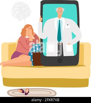 Psicoterapia online. Depressione autoisolante, donna che piange sul divano. Periodo nervoso, problemi di vita o di famiglia. Illustrazione vettoriale della telemedicina Illustrazione Vettoriale