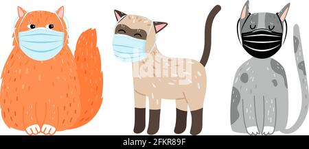 Gatti in maschere protettive. Carino cartone animato animali protezione dei virus. Illustrazione vettoriale di prevenzione del coronavirus kittenn Illustrazione Vettoriale