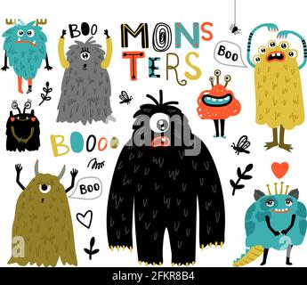 Mostri di furry di Cartoon. Creature carine con faccia divertente, piccoli simboli divertenti dell'orrore, personaggi umoristici per mascotte, mostri vettoriali di illustrazione per adesivi isolati su sfondo bianco Illustrazione Vettoriale
