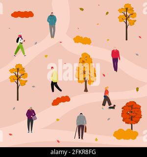 Parcheggia a piedi. Persone in autunno outfit attività all'aperto. Caduta albero rosso arancione, foglie illustrazione vettoriale Illustrazione Vettoriale
