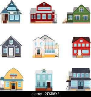 Vista frontale esterno casa. Cartone animato privato moderno belle case in legno e mattoni di forme e colori diversi. Edifici di alloggiamento illustrazione vettoriale isolato su sfondo bianco Illustrazione Vettoriale