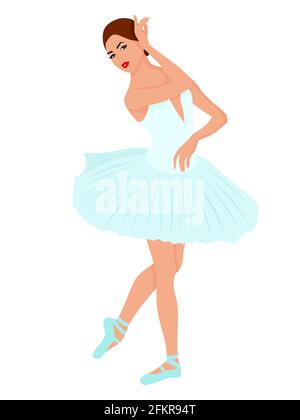 Elegante ballerina in un vestito tutu blu pallido, vettore di disegno a mano, isolato su sfondo bianco Illustrazione Vettoriale