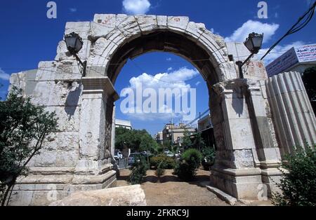 Rovine del Tempio Giove all'ingresso del suq di al-Hamidiyah, Damasco, Siria Foto Stock