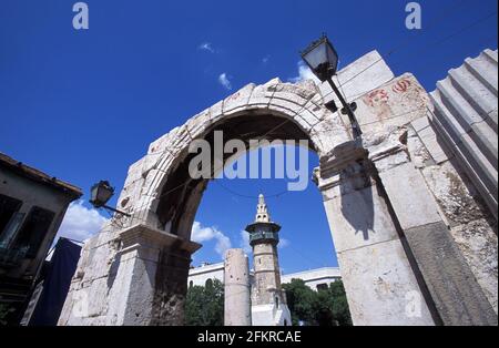 Rovine del Tempio Giove all'ingresso del suq di al-Hamidiyah, Damasco, Siria Foto Stock