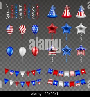 Insieme di elementi del giorno dell'indipendenza americana. il 4 luglio hanno isolato gli streamer, i cappelli, i palloncini e i pennants Illustrazione Vettoriale