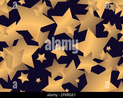 Stelle dorate senza cuciture. Sfondo trendy con stelle dorate traslucide su sfondo nero. Per striscioni e poster, carta da imballaggio e promozione Illustrazione Vettoriale