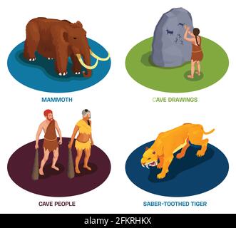 Caveman popolo primitivo preistorico insieme di composizioni con testo antico animali e personaggi di persone tribali illustrazione vettoriale Illustrazione Vettoriale